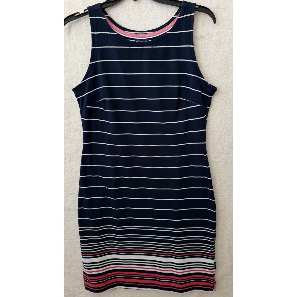 Columbia PFG Dress Womens Small Navy Blue White Striped Sleeveless Sheath Slit